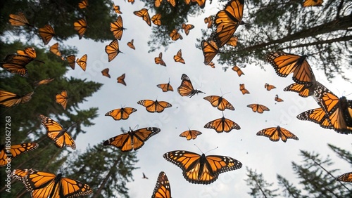 A colorful orange and black butterfly with bright wings rests on a green leaf in a beautiful summer forest, creating a vibrant floral nature illustration