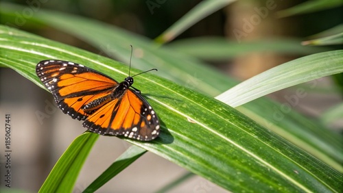 A beautiful monarch butterfly with colorful orange and black wings rests on a green leaf in a summer garden during a macro wildlife closeup