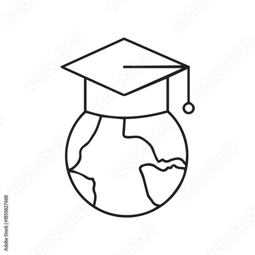 Outline graduation cap on globe icon world education