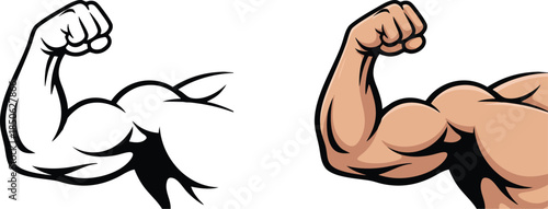 Side-by-Side Bicep Design Comparison, Outline and Full-Color Muscle Icons, Strength and Athleticism Illustration Set, silhouette, illustration, vector