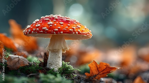 Macro shot displays vibrant red fly agaric mushroom with white spots growing on mossy forest floor with soft bokeh autumn leaf backdrop.