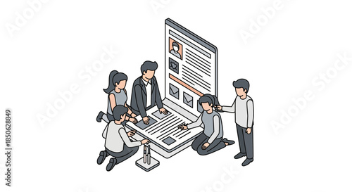 Team collaborating on large computer screen in modern workspace