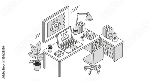 Modern home office setup with laptop and books on large desk