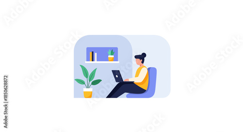 Woman working remotely on laptop in cozy home office setting