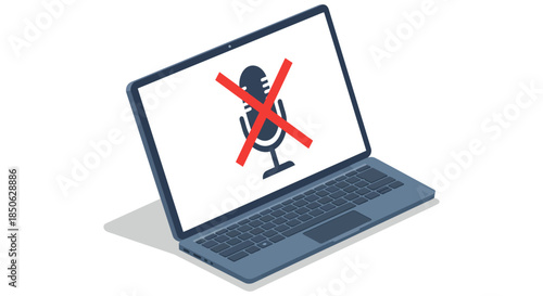 microphone muted icon on laptop screen isometric illustration of disabled audio and privacy protection concept for tech and security blogs