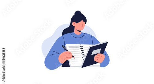 Woman studying diligently with notebook and pen in hand