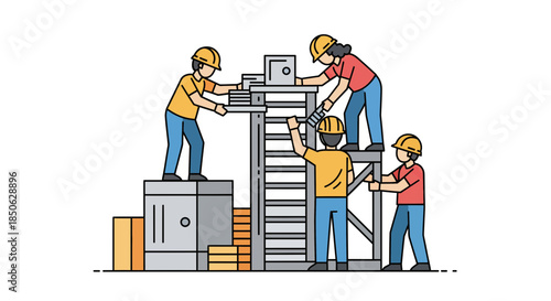 Teamwork in industrial setting with workers assembling equipment together