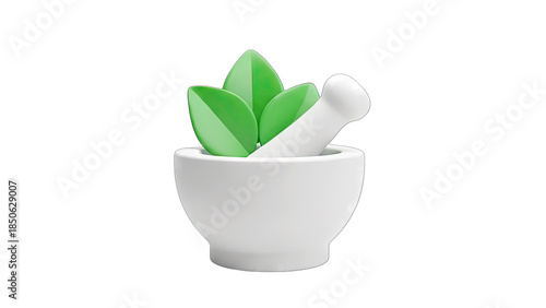 Herbal Medicine Icon: Green Leaves in Mortar and Pestle