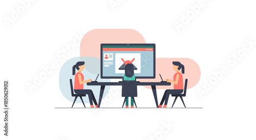 Team collaboration on a large computer screen in modern workspace