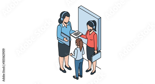 Customer support team assisting client with laptop in modern office