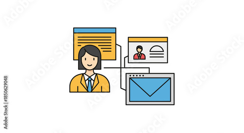 Businesswoman connected to digital documents and email on computer screen