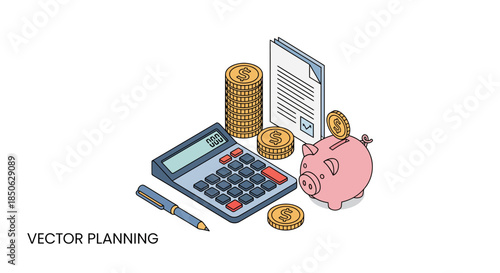 Financial planning with calculator, coins, and piggy bank for smart saving