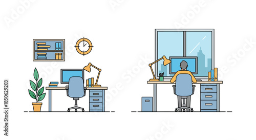 Businessman working diligently at modern office desk with city view