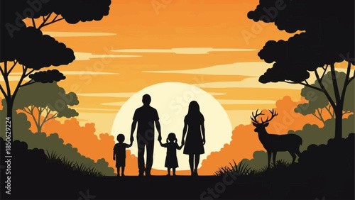 Family Walking Together With Deer in Nature.