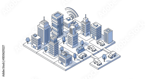 Modern cityscape with sleek skyscrapers and wireless connectivity