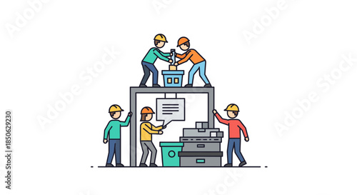 Workers collaborating on industrial equipment installation project