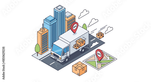 Efficient delivery truck navigating city streets with GPS guidance