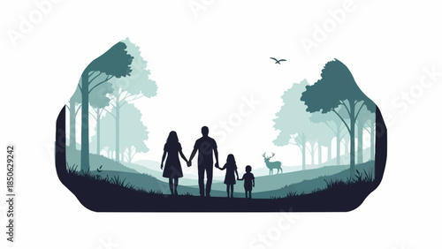 Family walking together in a beautiful forest landscape.