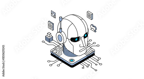 Robot head with headphones on circuit board technology background