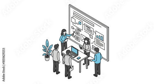 Team collaborating on project with big data presentation on screen