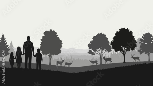 Family walking in a forest with deer grazing peacefully.