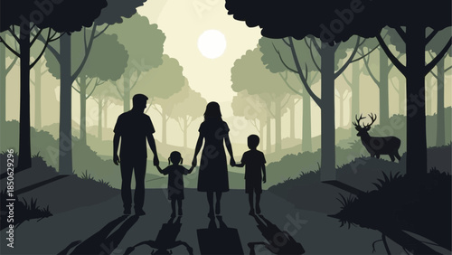 Family walking together in a forest silhouette.