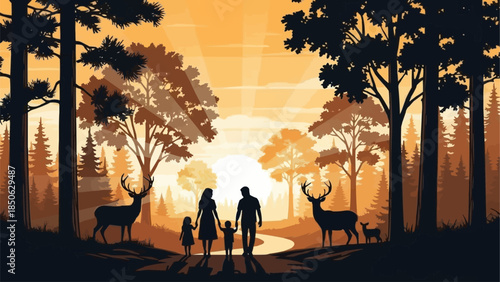 Family walking with deer in a forest at sunset.