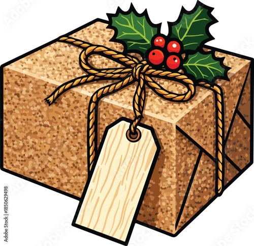 Vector Cartoon Christmas Gift Box with Holly and Blank Tag – Rustic Kraft Paper Holiday Present Illustration