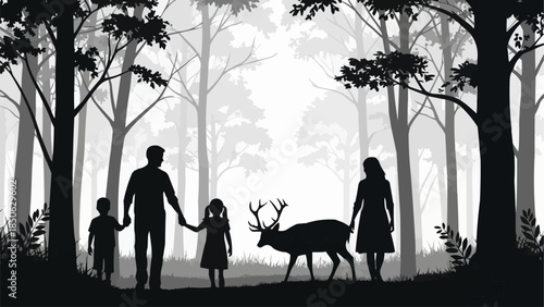 Family encounters a majestic deer in a serene forest setting.