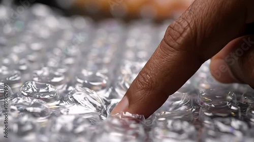 A closeup shot captures a persons finger gently pressing into the textured surface of clear plastic bubble wrap creating a satisfying indentation and highlighting the tactile sensation of popping the.