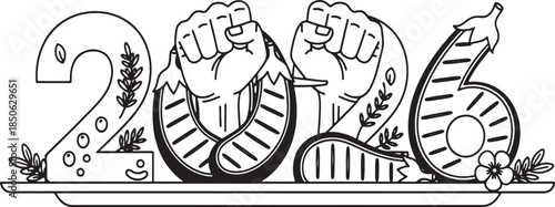 2025 Typography Line Art Design with Raised Fists and Decorative Elements