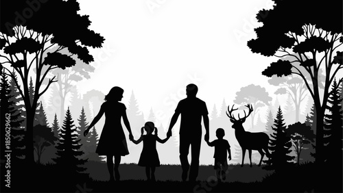 Family walking together in a forest with a deer.