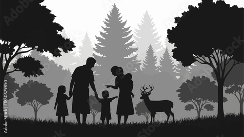 Family enjoying a nature walk with a deer in the forest.