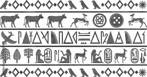 Flat Vector Illustration Set of Ancient Egyptian Hieroglyphs and Symbols Including Birds Animals People Trees and Geometric Patterns for Ethnic Design