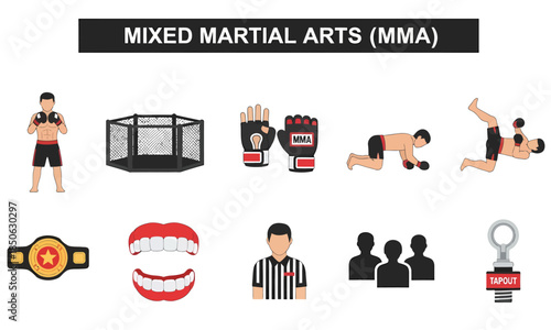 An infographic illustrating various elements associated with Mixed Martial Arts MMA