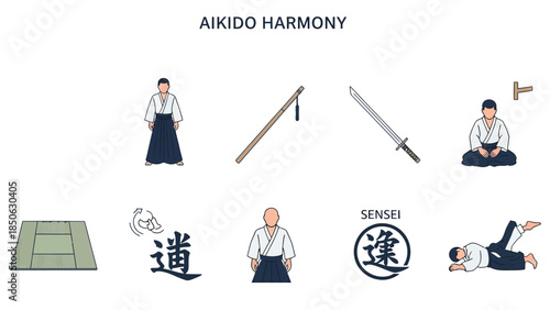 Collection of icons illustrating Aikido concepts techniques and equipment on a white background
