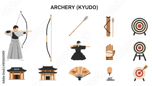 Collection of icons representing elements of Japanese archery Kyudo