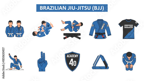 Collection of ten blue and black icons related to Brazilian JiuJitsu BJJ