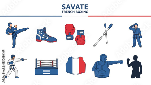 Collection of ten icons depicting Savate French Boxing equipment and practitioners