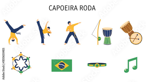 Flat vector icons illustrating various elements of Capoeira