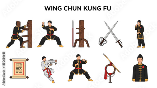 Icons illustrating Wing Chun Kung Fu elements practitioners wooden dummy weapons and lineage scroll