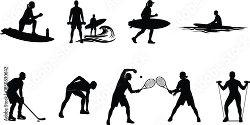 Flat Vector Illustration Set of Sport Silhouettes Including Surfing Tennis Hockey Weightlifting and Outdoor Fitness Activities for Healthy Lifestyle Designs