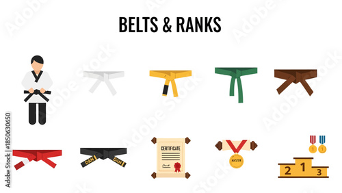 Icons representing martial arts belts ranks awards and a podium