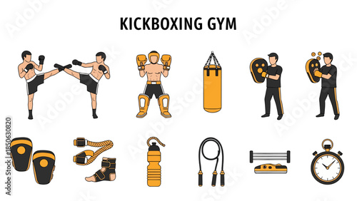 Kickboxing gym icons showing sparring gear and training equipment on a white background