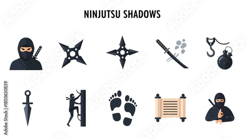 Ninjutsuthemed flat icons featuring a ninja weapons and symbols on a white background