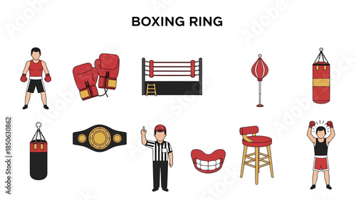 Ten flatdesign icons representing boxing equipment and personnel