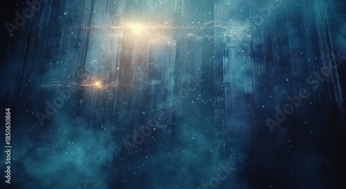 Misty blue cosmic data rain with vertical light streaks, glowing amber orbs, drifting particles and a mysterious futuristic atmosphere