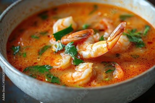 Steaming bowl of spicy creamy shrimp soup with succulent seafood, vibrant orange broth, fresh cilantro and herbs, warmly inviting and comforting