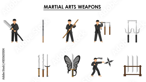 Ten martial arts weapons and figures in a tworow grid