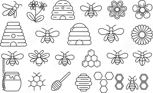 Black and white line of bees, honeycombs, flowers and honey jars